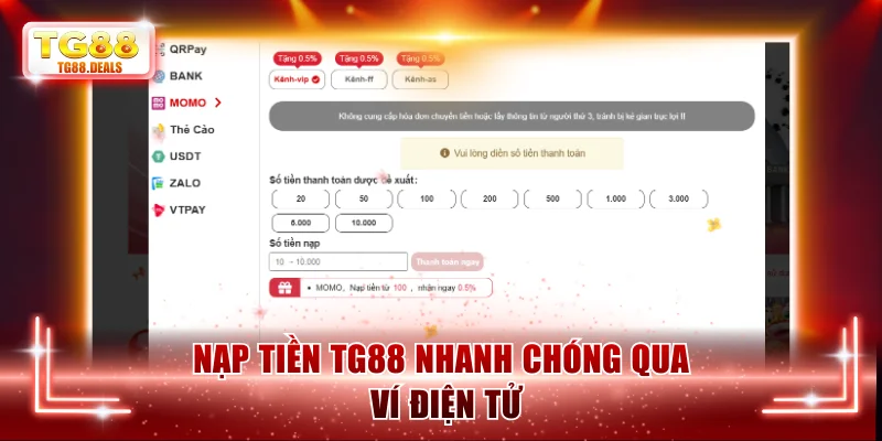Nạp tiền TG88 nhanh chóng qua ví điện tử